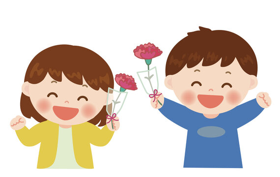 kids holding pink carnation flowers, smiling
