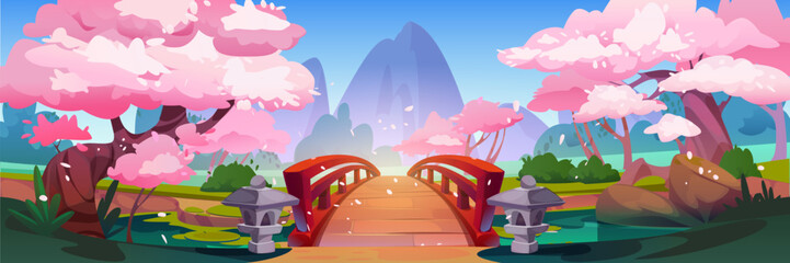 Japanese park with pink flowering sakura trees, bridge over pond or river, mountains on background. Cartoon vector spring landscape of city garden with cherry blossom and grass for hanami festival. - obrazy, fototapety, plakaty