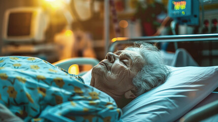 An elderly woman lays peacefully in a hospital bed, her weathered face reflecting a lifetime of stories and experiences