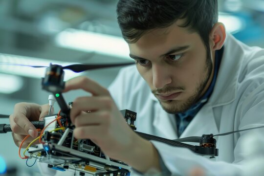 Focused young male engineer assembling a drone in a tech lab