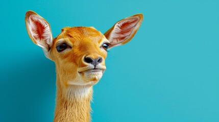   A tight shot of a deer's head against a blue backdrop, illuminated slightly by light emanating from its eyes