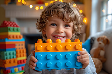 Un niño feliz sostiene en su mano un ladrillo Lego azul y naranja juguete - obrazy, fototapety, plakaty