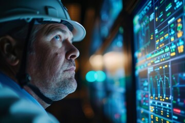 Focused engineer in helmet monitors data on futuristic control panel