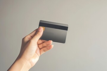 Close-up of a hand holding a credit card against a neutral background
