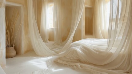   A room featuring sheer curtains, a bed with a white comforter, and a vase holding a plant - obrazy, fototapety, plakaty