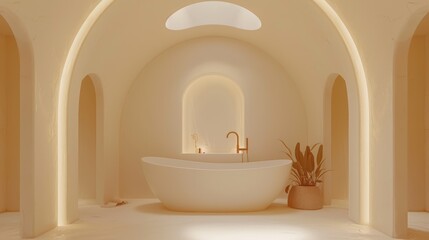   A large, white bathtub in a bathroom, adjacent to a potted plant