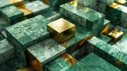 3d illustration of abstract geometric composition, consisting of rectangles and squares, green, marble and gold.