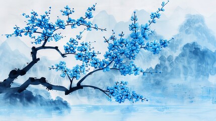   A tree painting with blue flowers in the foreground and a mountain range behind, featuring a water element in the foreground