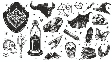 Hand drawn magic objects. Graphic occult elements. Bl - obrazy, fototapety, plakaty