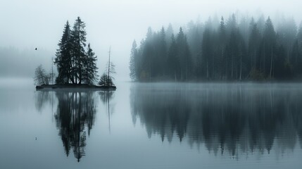   A small island surrounded by water, backgrounded by trees, shrouded in fog
