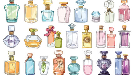 Hand drawn perfume bottles. Colored graphic vector se