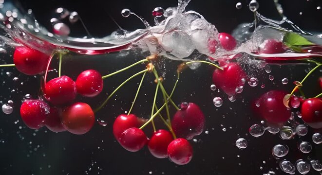 A cascade of ripe cherries into dark waters, splashes creating natural art