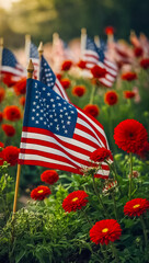 American flags and red flowers outdoors. Patriotic theme. Generated with AI