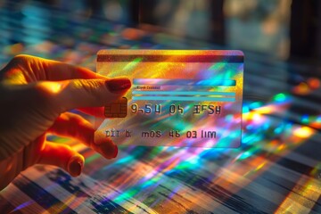 Close-up of a colorful holographic credit card held by a woman's hand