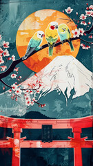 lino cut of Sakura, english budgies, Japanese vintage poster,colorful, textured, patterned, fine art print,generative ai