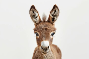 Close-up portrait of a young donkey with expressive eyes on a white background