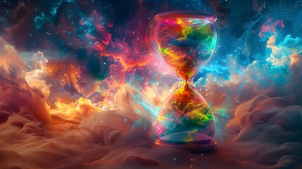 Surreal Celestial Hourglass in Dreamy Cosmic Backdrop with Vibrant Colors and Intricate Details