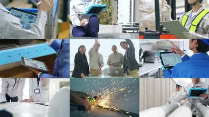 Collage of various industry scenes. Scaling transition from black background.