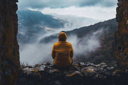 An image of a man sitting on a stone edge looking at mountain ranges - Generative AI