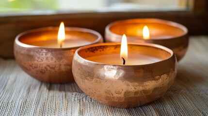  Three copper-colored candles sit aligned on a tablecloth