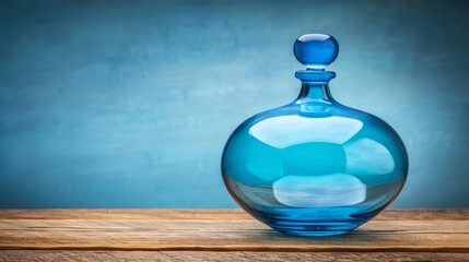   A blue glass bottle sits atop a wooden table against a backdrop of two identical blue walls