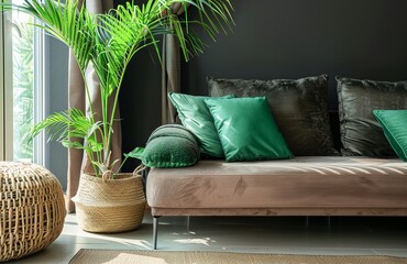 Contemporary Living Room With Velvet Sofa and Vibrant Green Accent Pillows