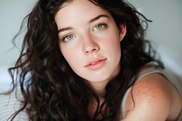 A close-up of a young woman with striking green eyes and voluminous curly dark hair gazes directly at the viewer. 