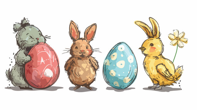 Happy Easter Four eggs bunnies and chicks