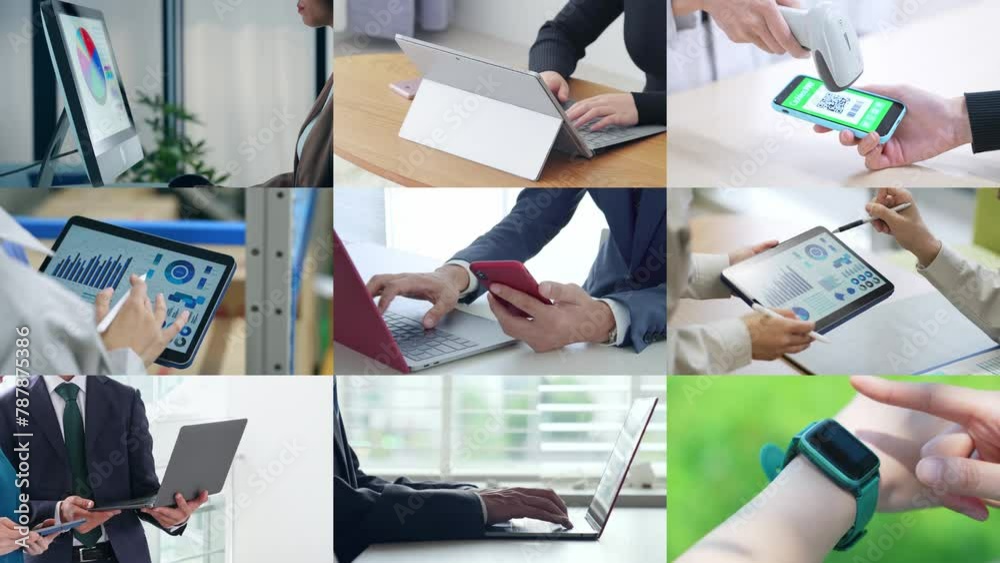 Poster Collage of scenes of people using various digital devices. Scaling transition from white background.