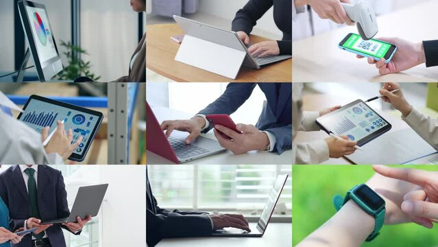 Collage of scenes of people using various digital devices. Scaling transition from white background.