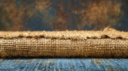   A roll of hay atop a blue carpet, dotted with blue and brown grass flecks
