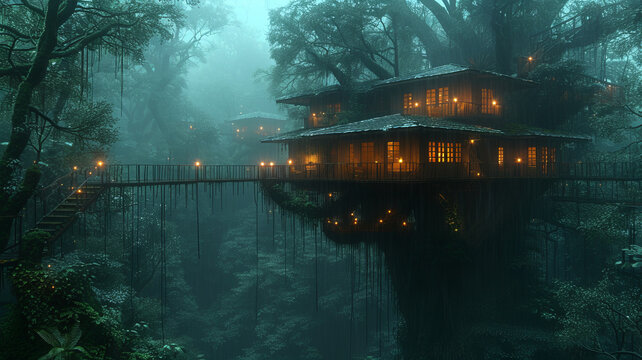 wooden house hanging on a tree and nestled in the middle of a tropical forest,generative ai