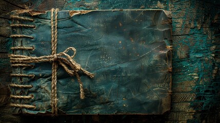   A tight rope binds a book's cover, positioned atop a weathered wooden plank - obrazy, fototapety, plakaty