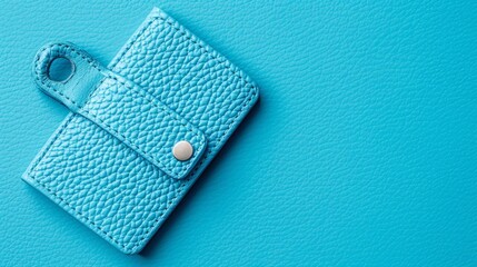   A blue leather wallet sits atop a blue surface, its button-fastened card holder prominent in front