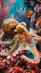A playful octopus explores the coral reef.
