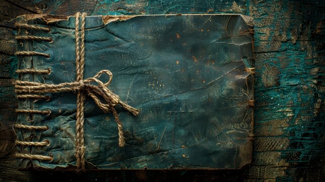   A tight rope binds a book's cover, positioned atop a weathered wooden plank