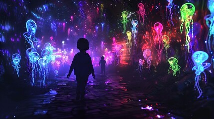 A child integrating into an otherworldly scene, where silhouettes of colorful beings float around, all set against a deep, black background,  - obrazy, fototapety, plakaty