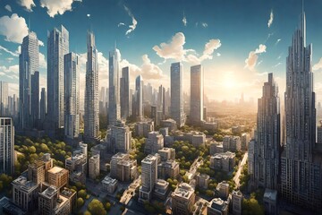 A panoramic cityscape, where skyscrapers touch the summer sky in a display of urban elegance.