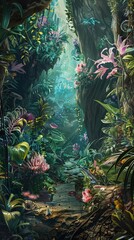 A surrealist botanical scene in a painting, where a polymer fairy character navigates through the mystical realm, offering nods to the digital ages complexities,  - obrazy, fototapety, plakaty