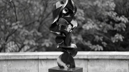   A monochrome image of a sculpture, situated centrally in a park, surrounded by trees and bushes - obrazy, fototapety, plakaty