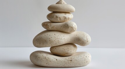   A pile of rocks arranged on a white surface before a backdrop of a pristine white wall