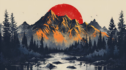Vector graphics for t-shirt design bundle mountains and sun, generative Ai - obrazy, fototapety, plakaty