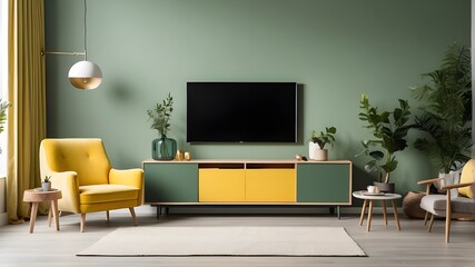 Create a mockup of a TV wall mounted on a green cabinet in a living room with a white wall and a yellow armchair.