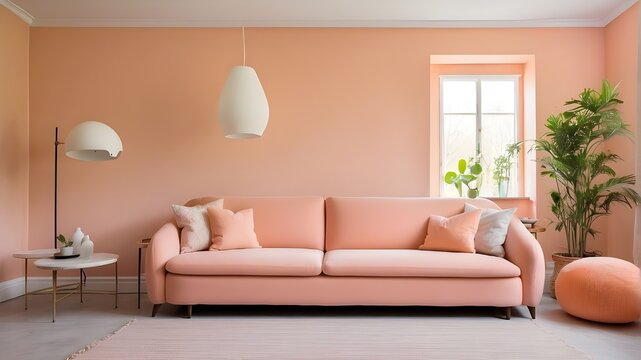 The living room features a sofa and a wall painted in peach.