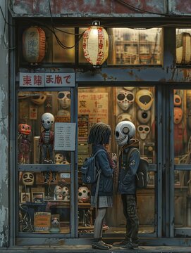 Different angles of true love in a minimalist storefront, where monster masks and miniature figures tell a story beyond the ordinary, 