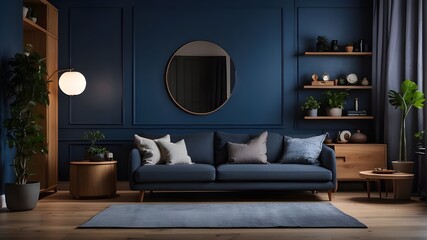 At night, a dark blue wall in the living room with the sofa and TV on a wooden cabinet