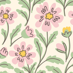 Boho seamless pattern with pink cosmea flower