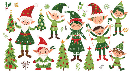 Hello winter. Cute christmas elves. Hand drawn vector