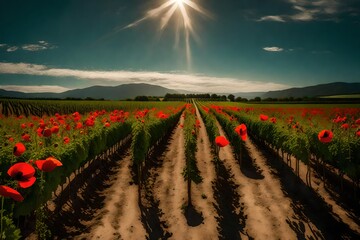 A red poppy flower panorama, where rows of grapevines create a picturesque summer landscape.