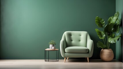 An armchair is situated against a blank green wall in the interior. - obrazy, fototapety, plakaty